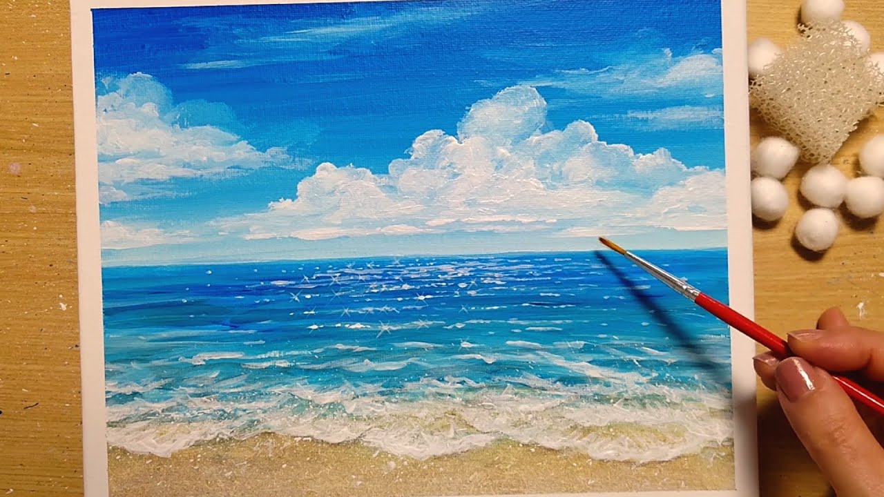 アクリル絵の具で【夏の空と海】の描き方/初心者のための簡単なアクリル画/Step by step