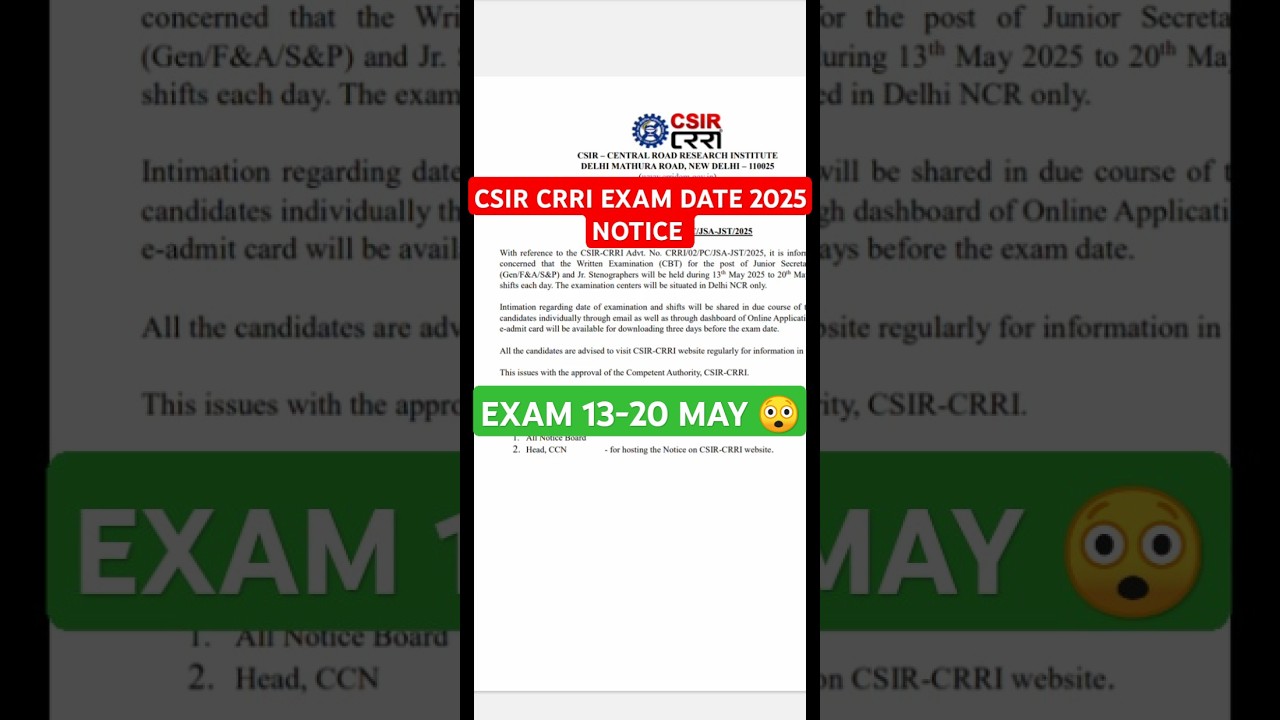 CSIR CRRI JSA&STENO EXAM DATE 2025 | CSIR CRRI JSA ADMIT CARD 2025 #shorts #csir #jsa #stenographer
