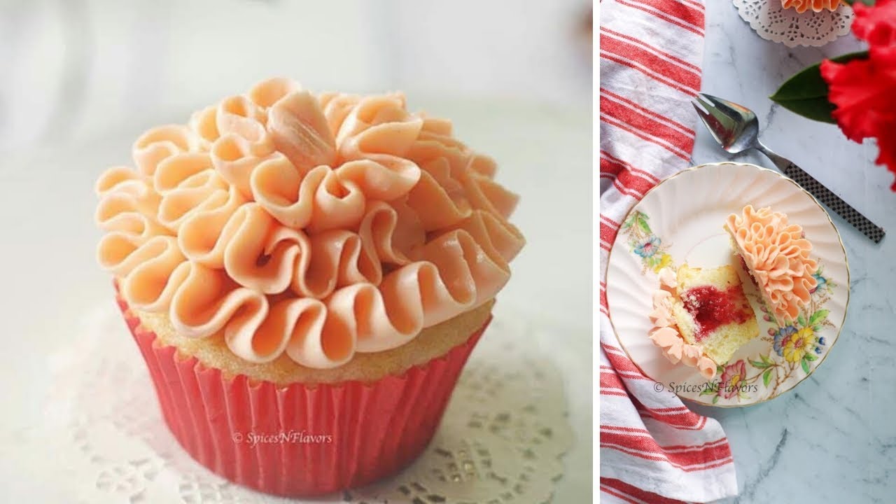 Eggless Strawberry Filled Cupcakes with Ruffle Flower Decoration