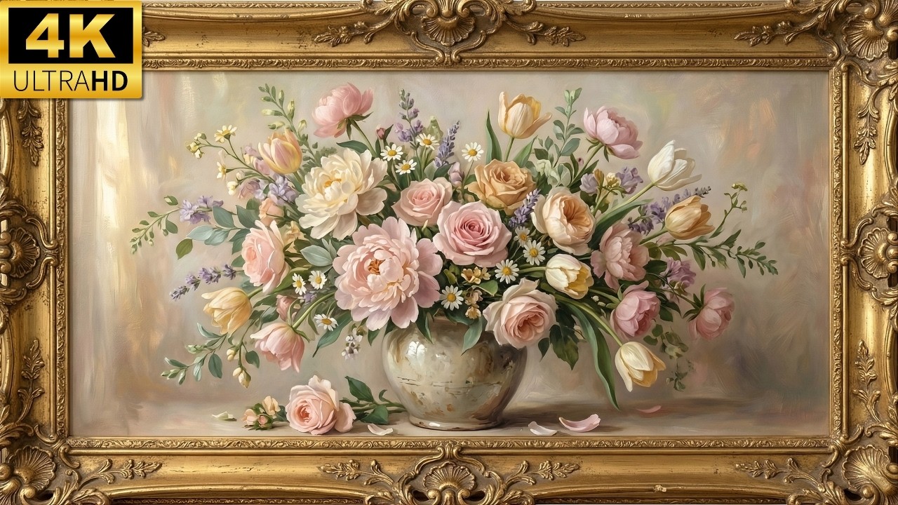 Vintage Flower Arrangement Painting | Spring Gold Frame Tv Art | Wildflower Screensaver