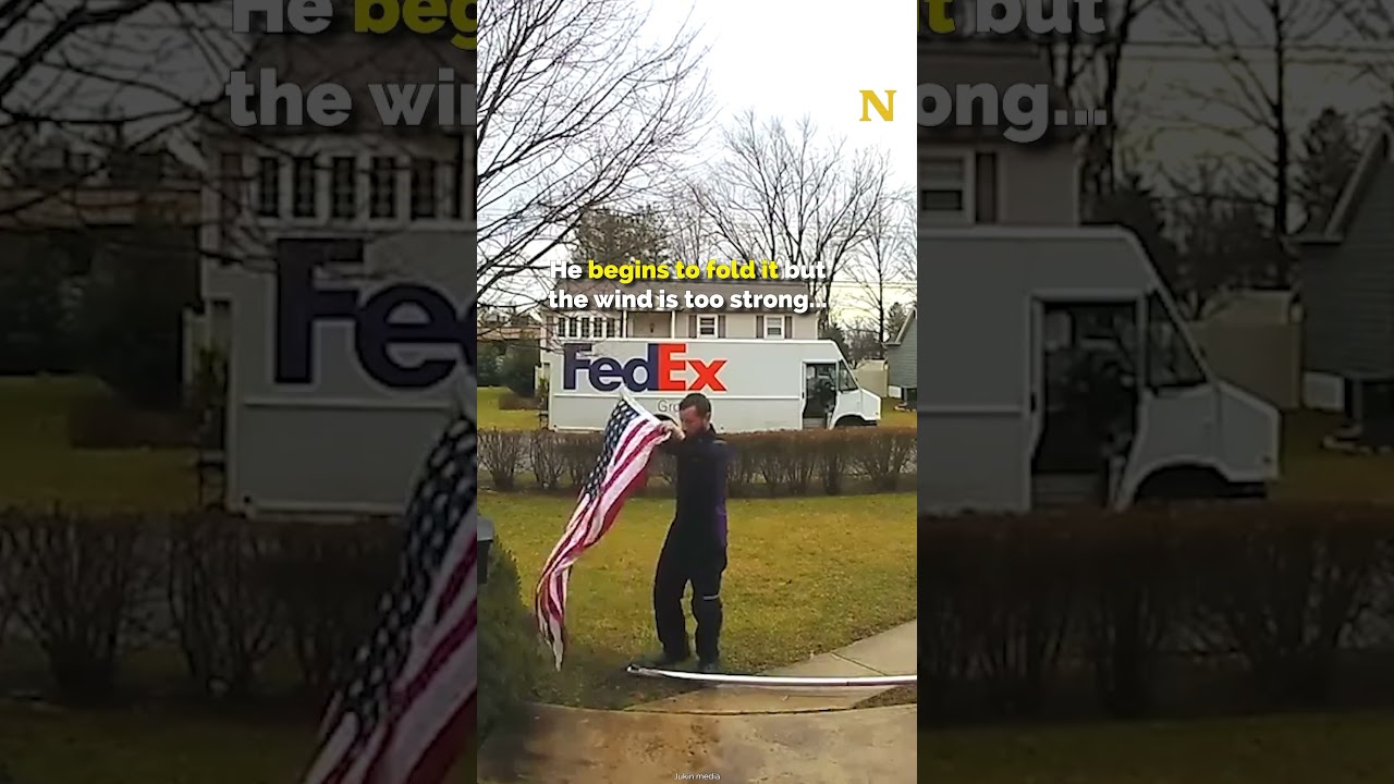 Delivery Man Respectfully Picks Up Fallen Flag