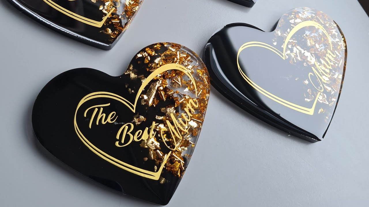 #158 Black and Gold Heart Coasters | Coasters for Mother's Day | Resin Art UK