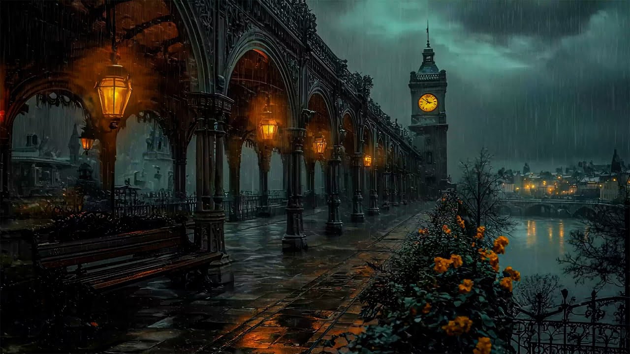 A Rainy Gothic Arcade at Night | Dark Academia Music for Study & Focus | Midnight Rain Mood