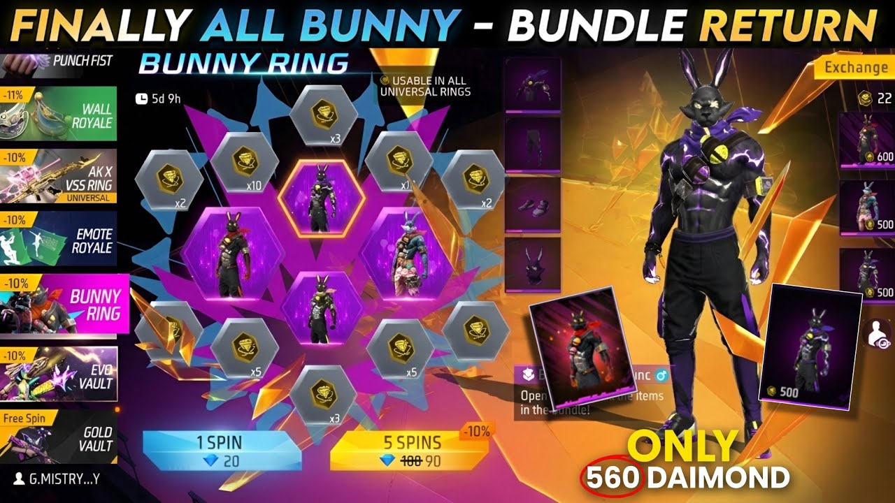 ALL BUNNY BUNDLE RETURN FREE FIRE 🤯, NEXT RING EVENT FF, FF NEW EVENT, FREE FIRE NEW EVENT