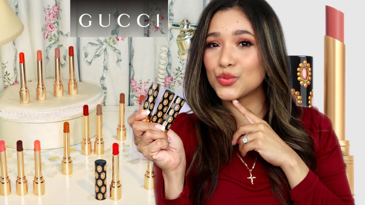 Демонстрация нового Gucci Rouge de Beauté Brillant, образцы и сравнения VS Charlotte Tilbury Happ...