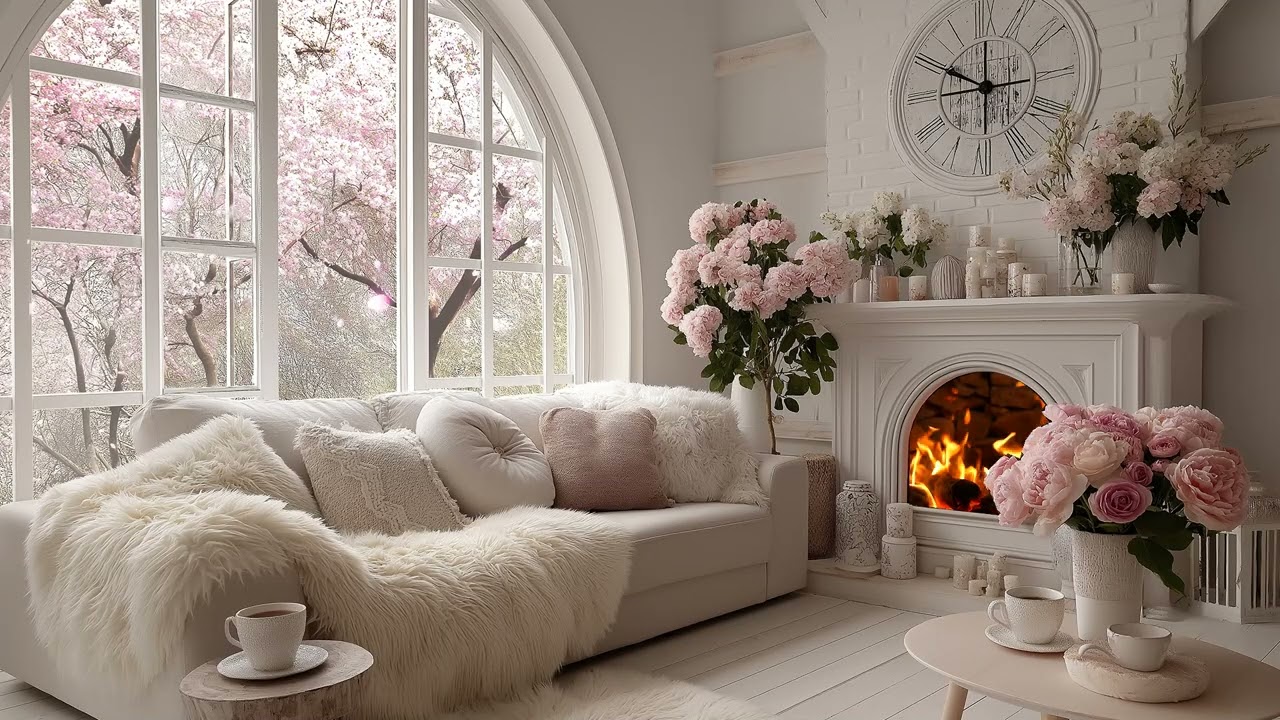 🤍🌸 Spring Piano Lounge | White Lounge with Candles Flowers | 3 Hours Sleep Relax Study Work Healing