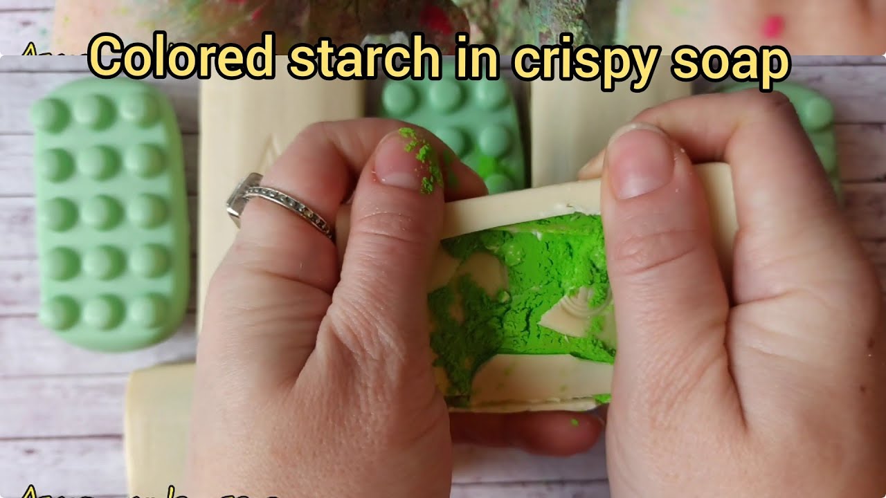 Colored starch in crispy soap ASMR satisfying video. Powder soap crunching. Crushing boxes soap.Асмр