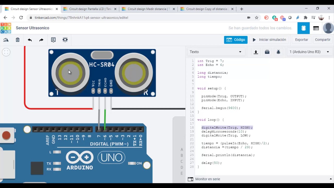 ARDUINO - Sensor Ultrasónico con Pantalla LCD en Tinkercad