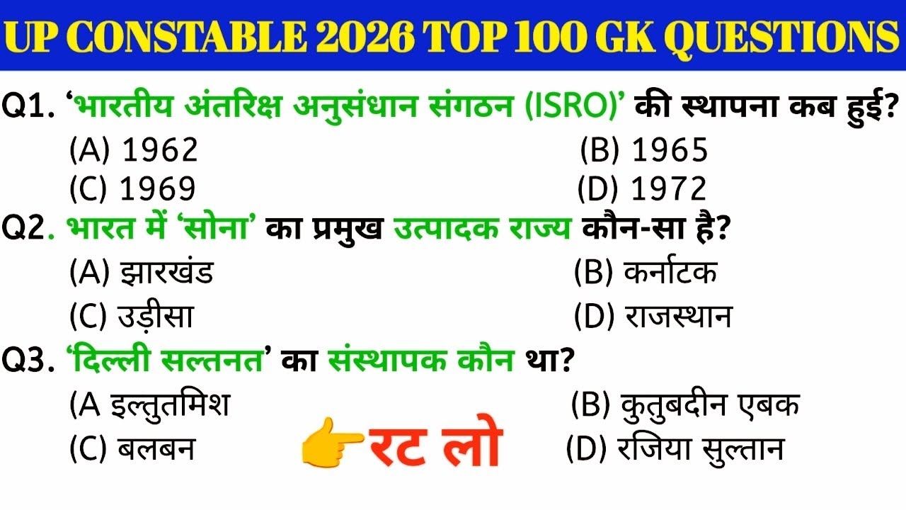 UP Constable 2026 Top 100 GK PYQ | Most Important 100 GK/GS Questions | UP Constable 2026 Special 