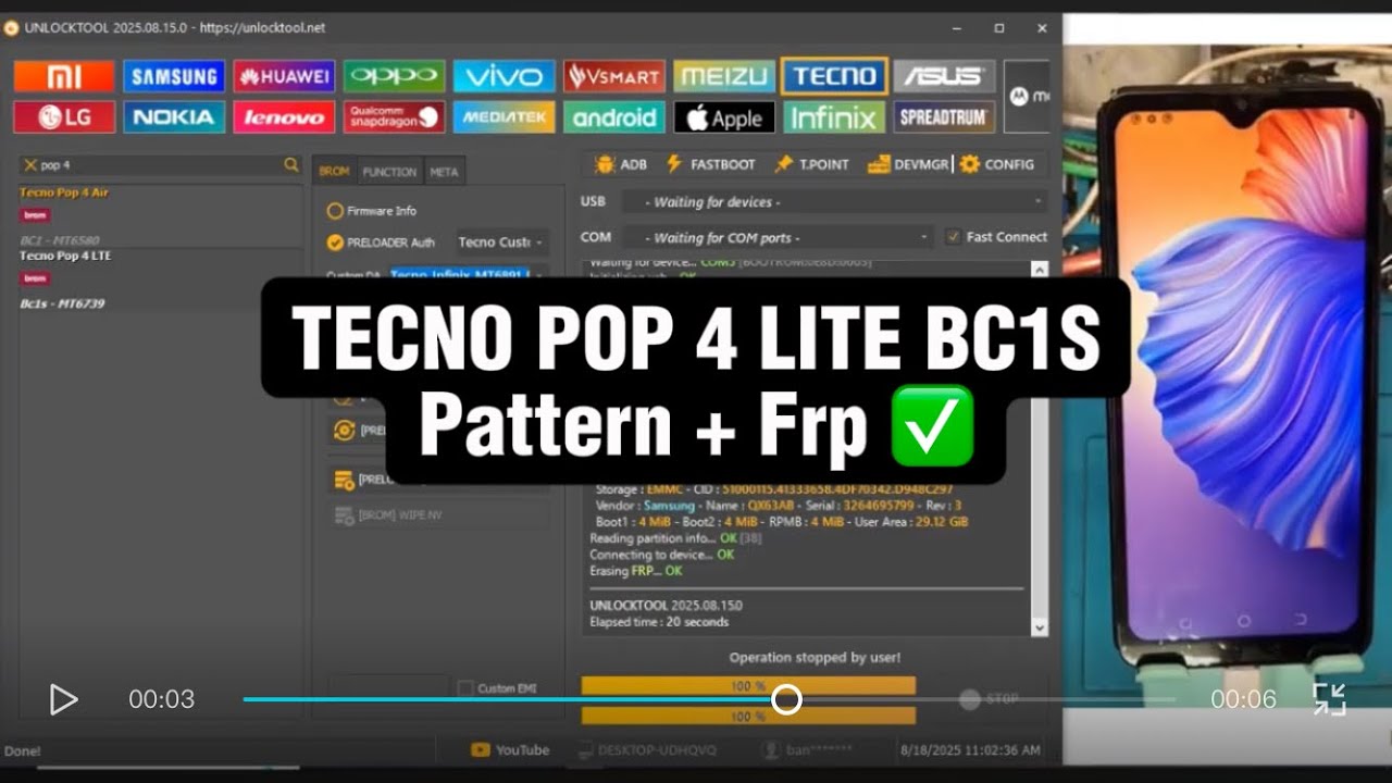 TECNO POP 4 LITE BC1S Pattern + Frp bypass with UnlockTool