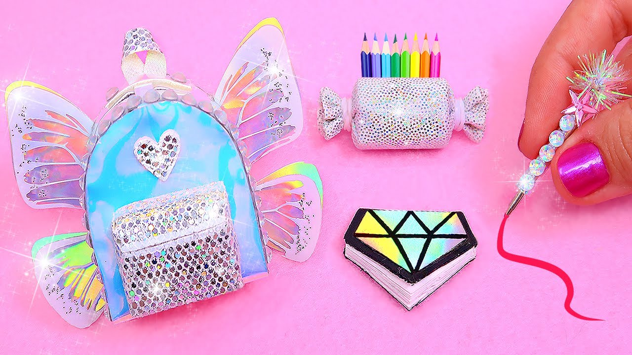 DIY: Miniature Holographic School Supplies ( Backpack, Notebook, Pen, Pencil case) REALLY WORKS