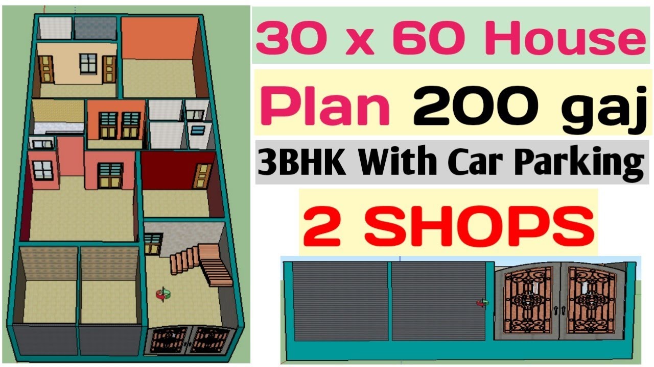 30 x 60 House Plan with 2 Shops, 3BHK With Car Parking | 1800 sqft house plan | 200 gaj house design