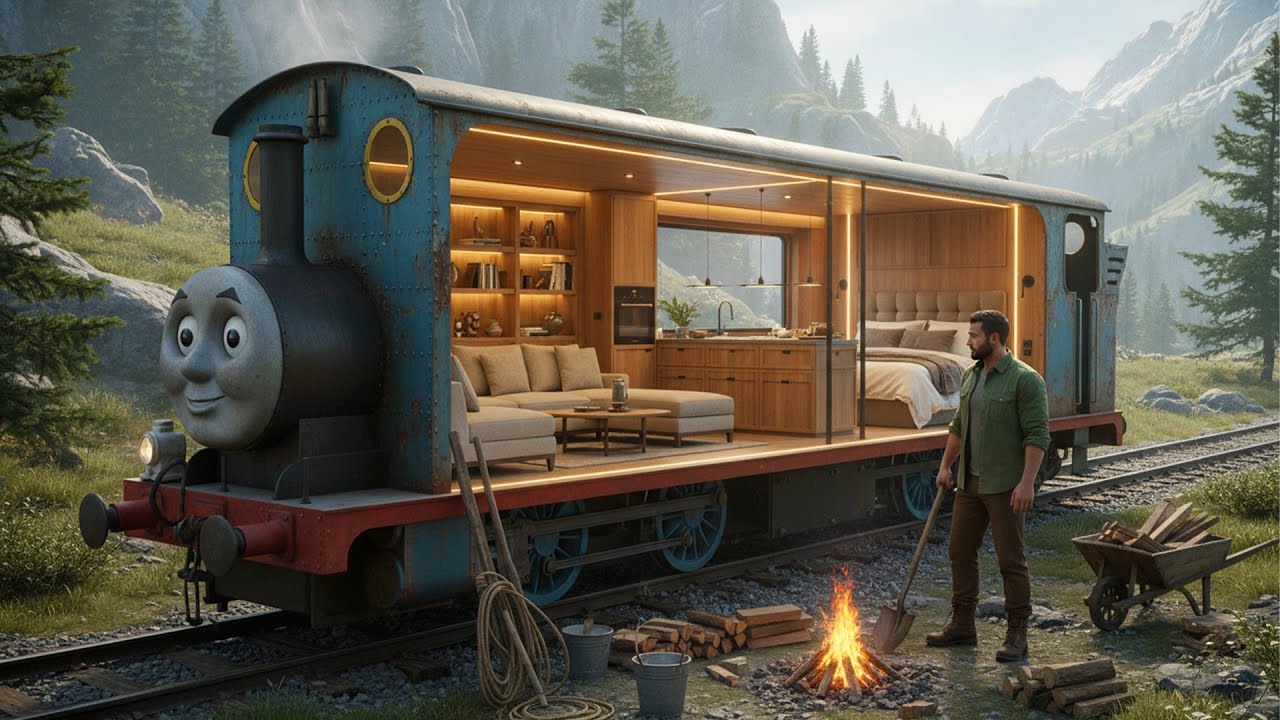 Building a house on a Thomas train (ASMR) – This man transformed an old Thomas  into a cozy home