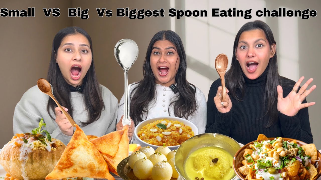 Small Spoon VS Big Spoon Vs Biggest Spoon Food Eating Challenge || Samosa,Allo Tikki,Rasgulla etc