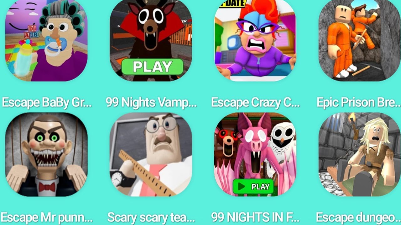 ESCAPE BABY GRANNY OBBY,99 NIGHT IN FOTEST PRISON,ESCAPE CRAZY CAT LADY,EPIC PRISON BREAKOUT X