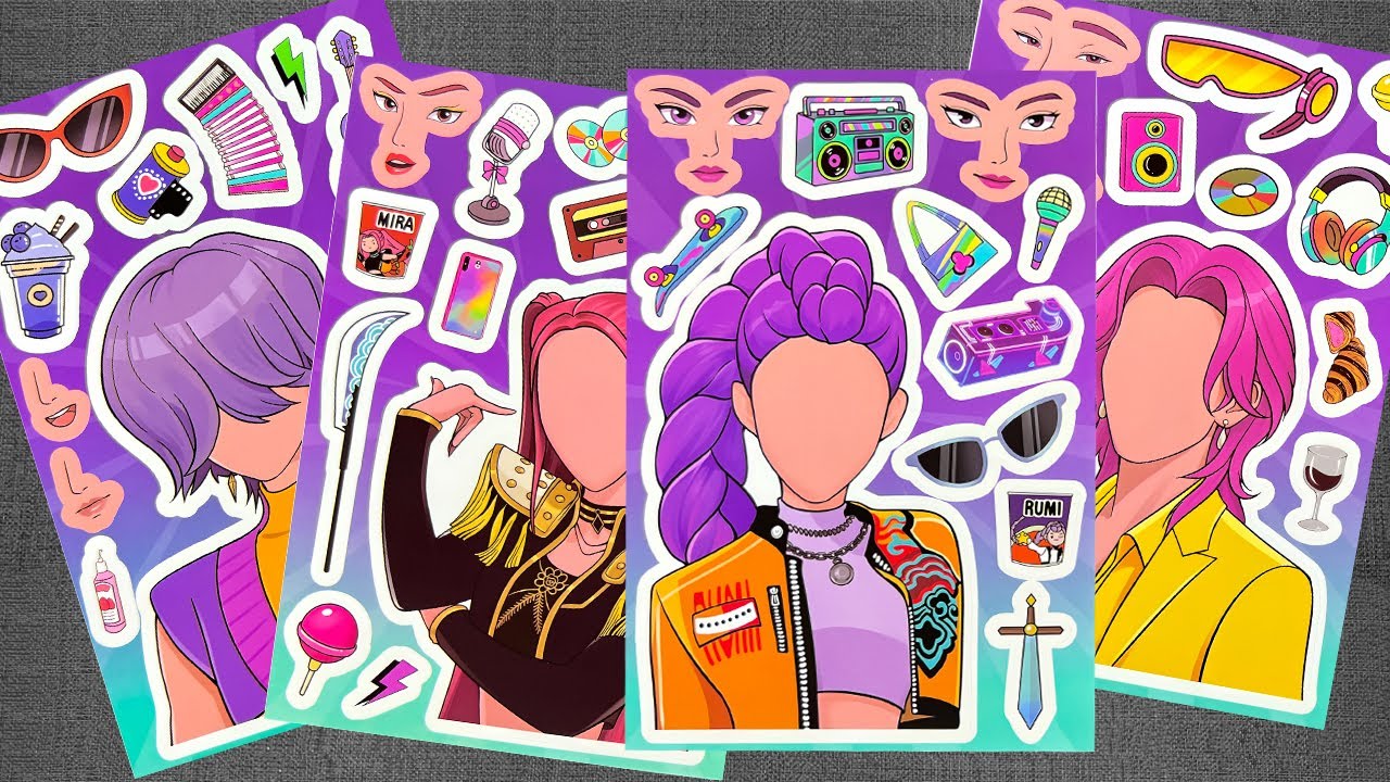 [🍭paper diy🍭] KPOP Demon Hunters Sticker Book 💜 Purple Girl Group Fashion Paper Dolls | ASMR