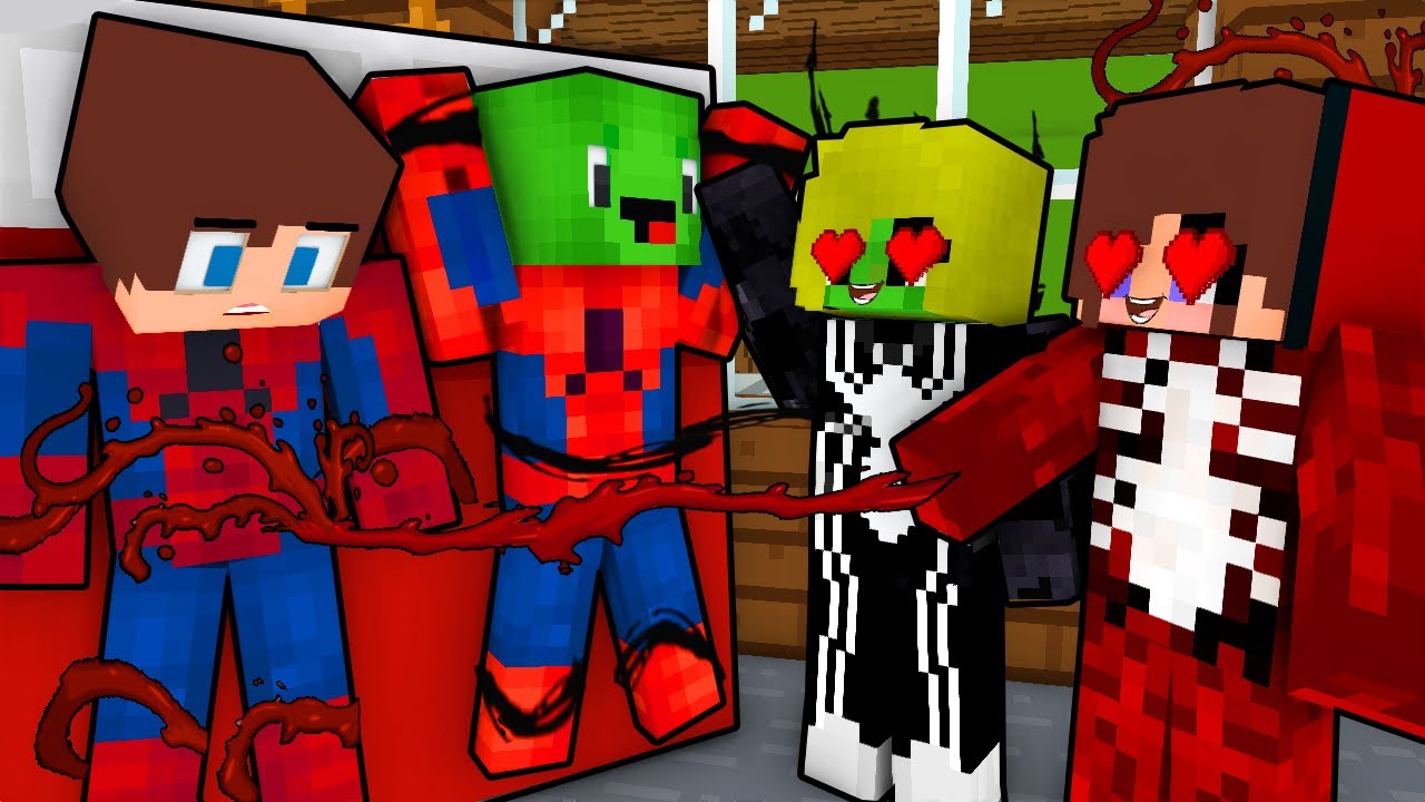 JJ and Mikey Spider Man got Love Trapped by Venom and Carnage Girls - Maizen Minecraft Animation