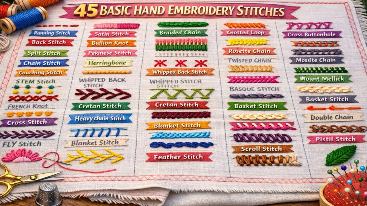 45 Basic Hand Embroidery Stitches | Complete Embroidery Sampler for Beginners (Part -1)