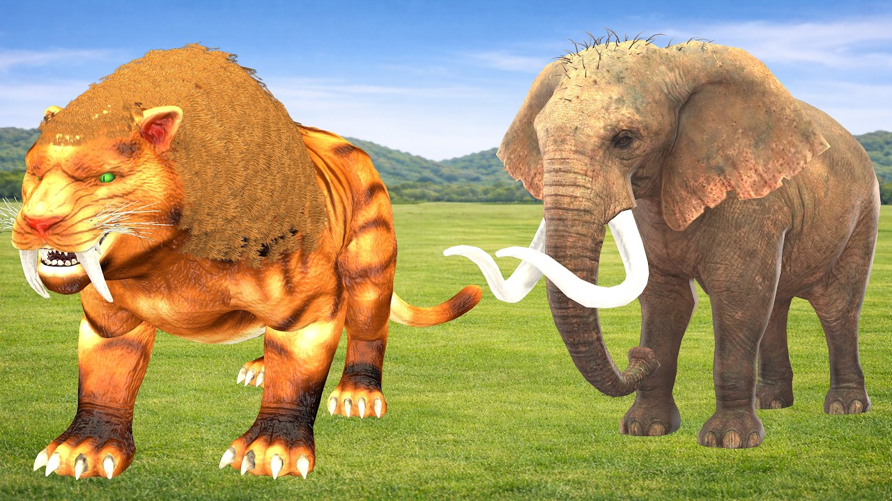 Giant Tiger Attacks Cow Cartoon Saved By 2 Giant Bull Elephant Woolly Mammoth VS Saber-Toothed Tiger