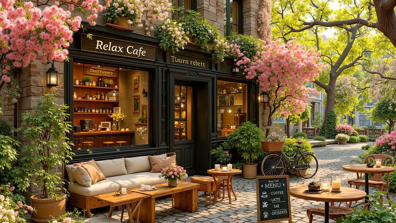 Springtime Street 🌸 Relaxing Jazz Music in Corner Coffee Shop For Happy Morning | Working & Studying
