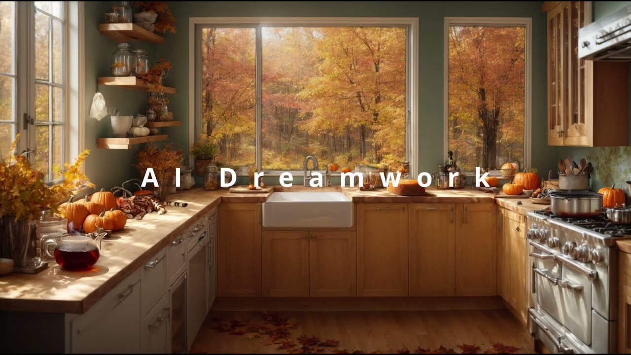 Autumn Kitchen - Ambience with Rain-Sound, Cat purring, No Music 4K