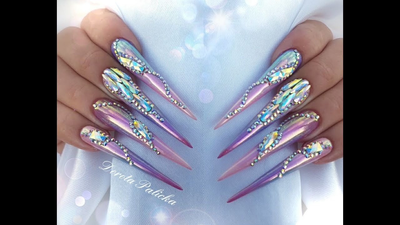 Unicorn style nails ideas, ombre with Aurora chrome pigment and Swarovski crystals on Stiletto nails