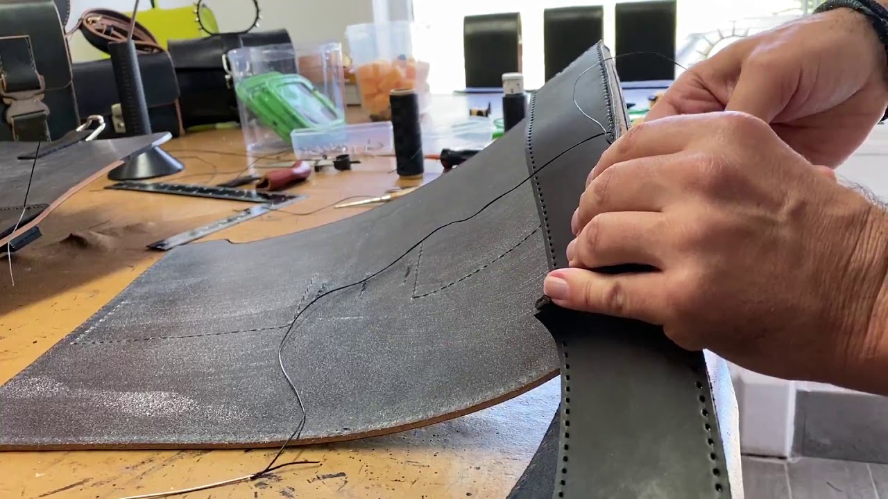 hand stitching black leather briefcase gusset, different view