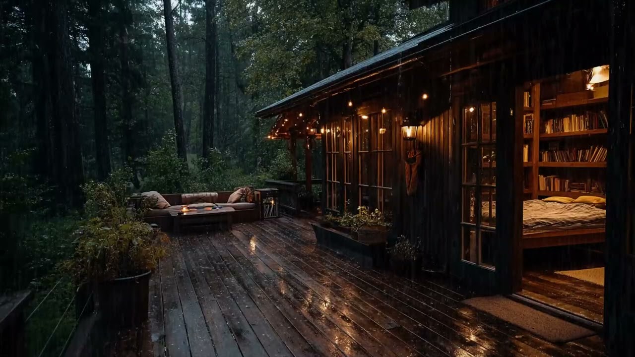Soft Rain Sounds in Cozy Pine Forest Cabin 🌧️ Warm Lamp & Books for Deep Sleep, Relaxation & Reading