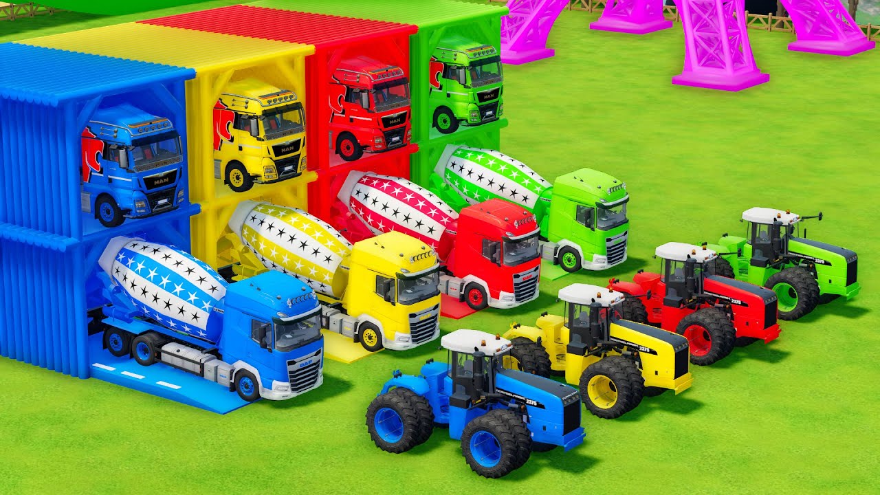 Garage with Colors - ALL MIXER TRUCK WITH DOUBLE FLATBED TRAILER TRUCK, MAN, DAF, ROSTSELMASH