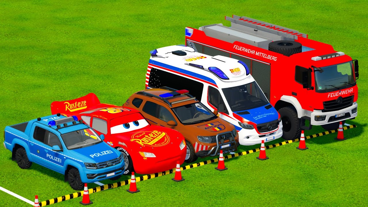 DACIA, MCQUEEN CAR سيارة ماكوين FORD POLICE CARS, AMBULANCE EMERGENCY TRANSPORTING WITH TRUCKS! FS22