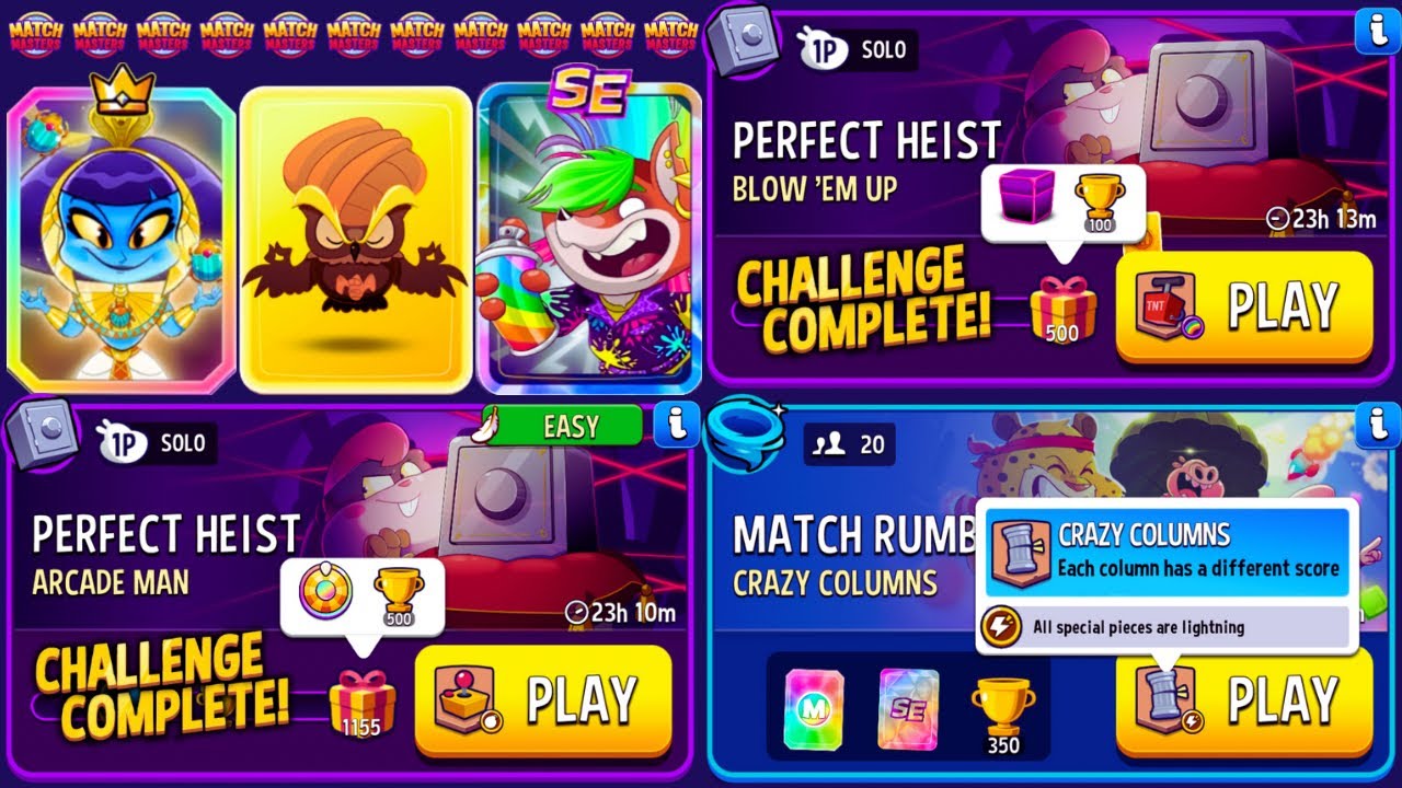x2 Solo Perfect Heist/ Arcade Man + Bombs Away/ Blow’Em Up + Rainbow/ 20 player Rumble Crazy Columns