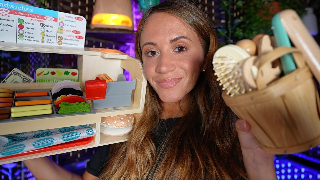 ASMR Wooden Makeup, Haircut, & Sandwich Shop (layered sounds, wooden personal attention)