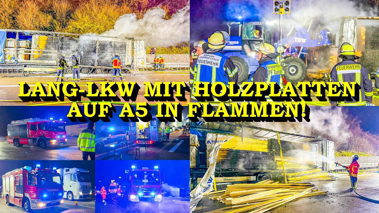 +++ 40-TONNER VOLLER HOLZ IN FLAMMEN +++ FEUERWEHR & THW auf der A5 bei KARLSRUHE im GROSSEINSATZ
