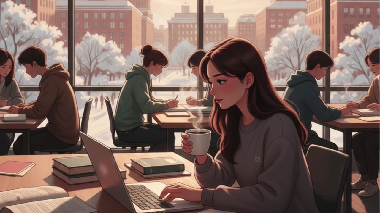 1-Hour Study With Me / Sunny Winter Day/ Music/ Cozy Library Room/ Deep Work Session