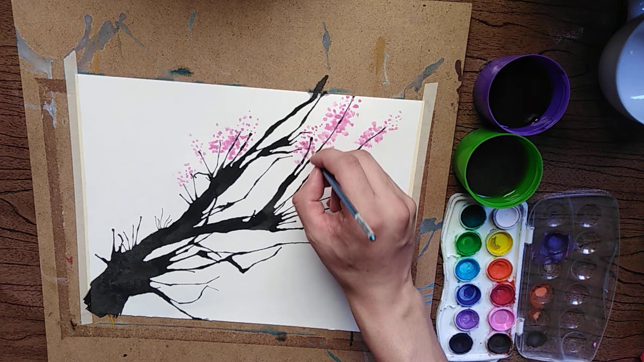 Rama de cerezo en flor o Sakura, con acuarela y tinta china.