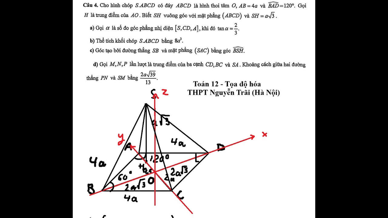 THPT Nguyễn Trãi (Hà Nội): Cho hình chóp S.ABCD có đáy ABCD là hình thoi tâm O, AB = 4a và hat BAD =