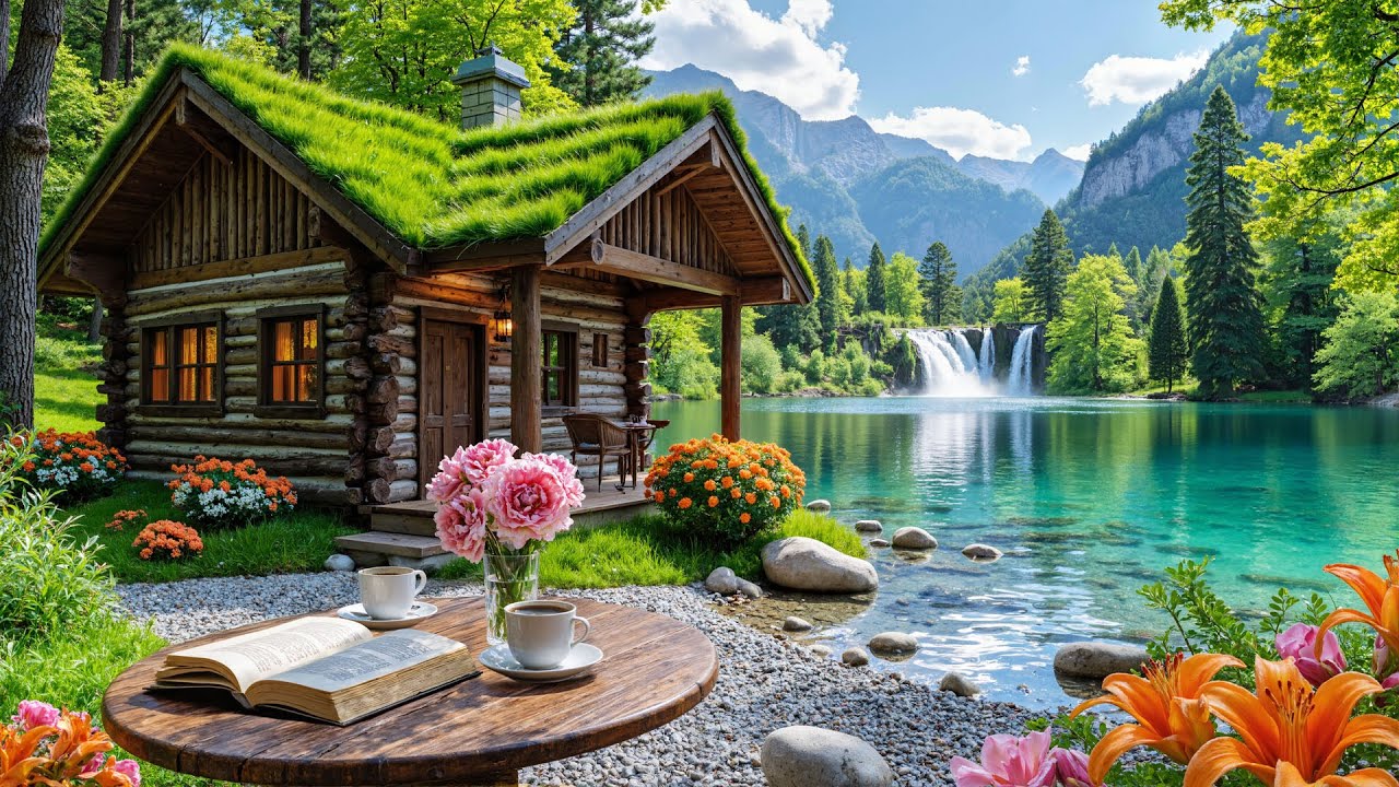 🌲 Tranquill Forest Jazz & Rustic Cabin by the Lake | Smooth Jazz & Waterfall Ambience for Relaxation