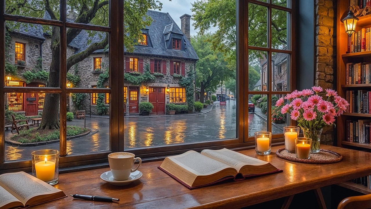 Cozy Spring Rain Coffee Shop ☕ Soft Jazz Piano & Fireplace Sounds for Work & Relax