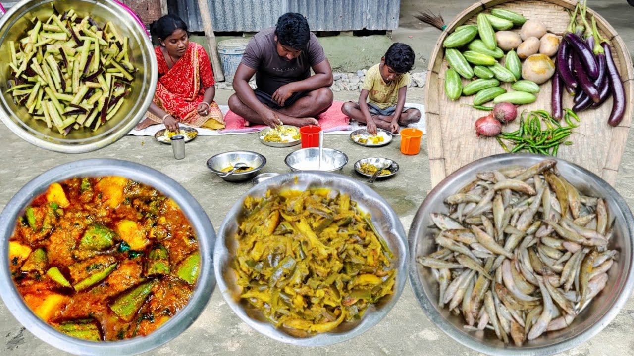 How Santali tribe COUPLE cook RIVER SMALL FISH recipe with BRINJAL and PARWAL ROSA recipe