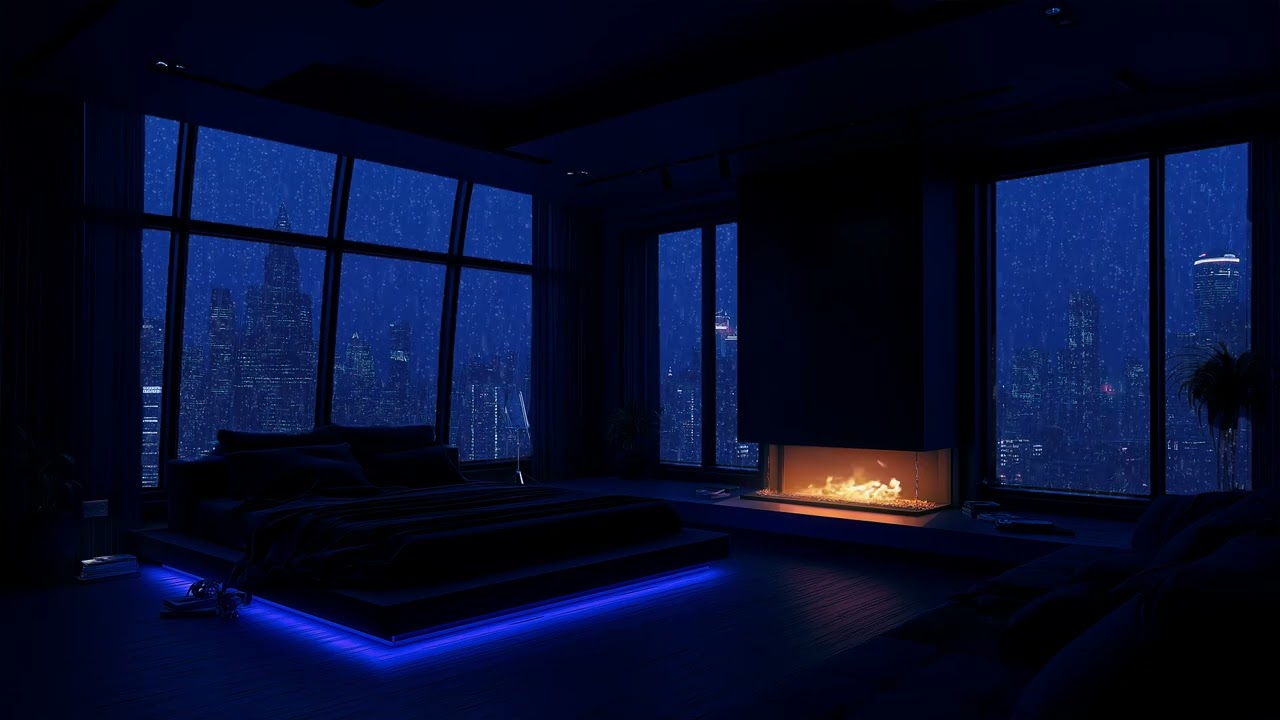Rainy Night in a Luxury City Bedroom 🌃 | Deep Sleep Piano Music & Fireplace Ambience for Calm Mind