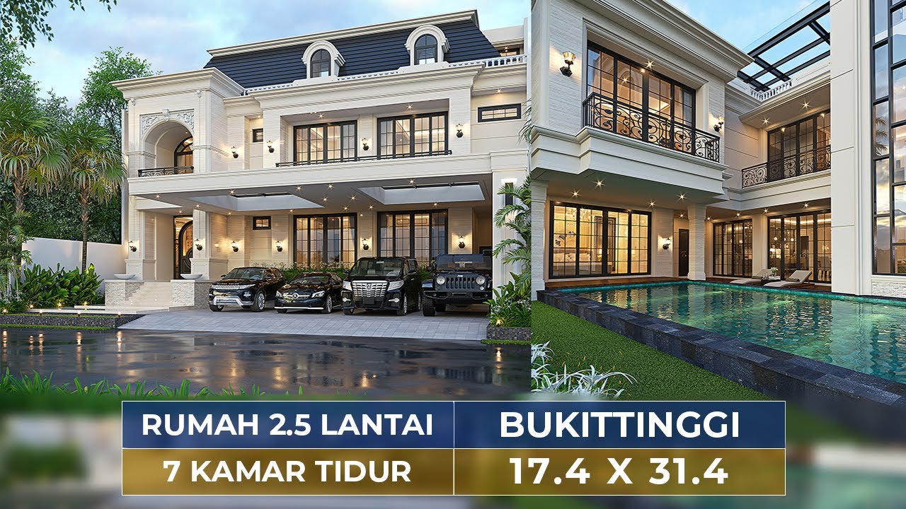 DESAIN RUMAH MEWAH STYLE KLASIK DENGAN 7 KAMAR TIDUR DAN SWIMMING POOL DI BUKITTINGGI - JASA ARSITEK