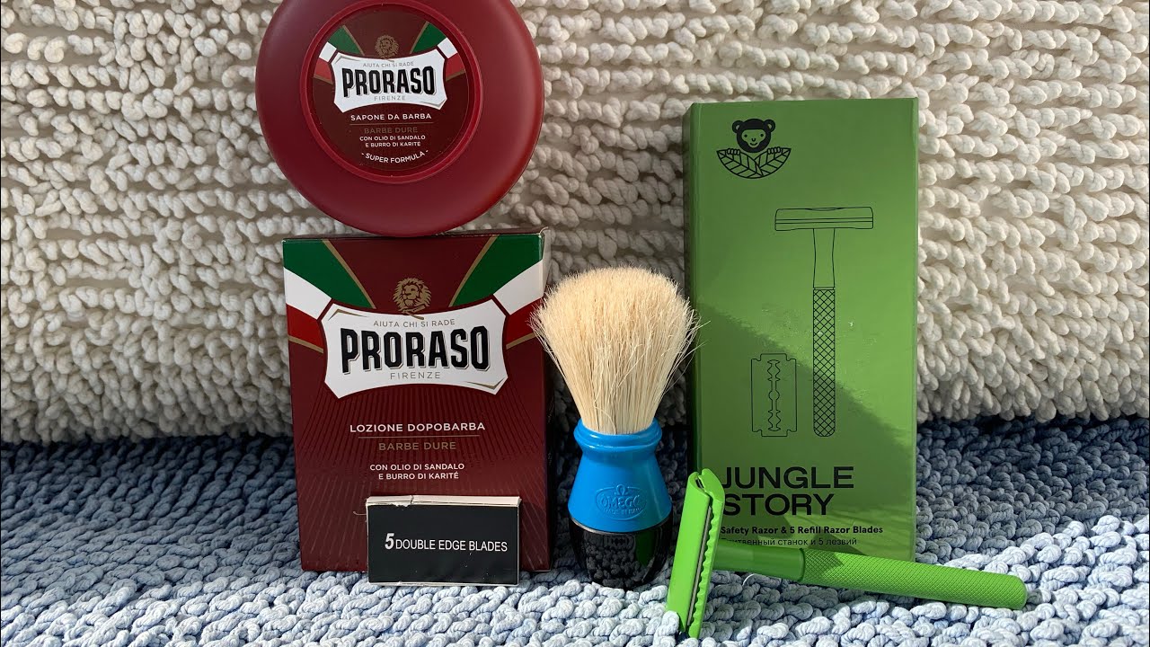 БРИТЬЁ. JUNGLE STORY станок. PRORASO red line сандал. Лезвия NO NAME. OMEGA помазок 40099. ВКБ