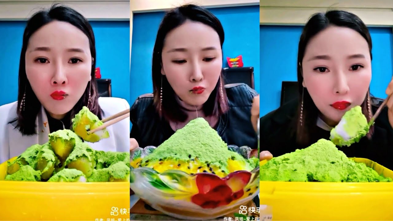 HEAVY MATCHA POWDER AND PASSION FRUIT SHAVED ICE , ICE EATING ASMR 💚🧊💛
