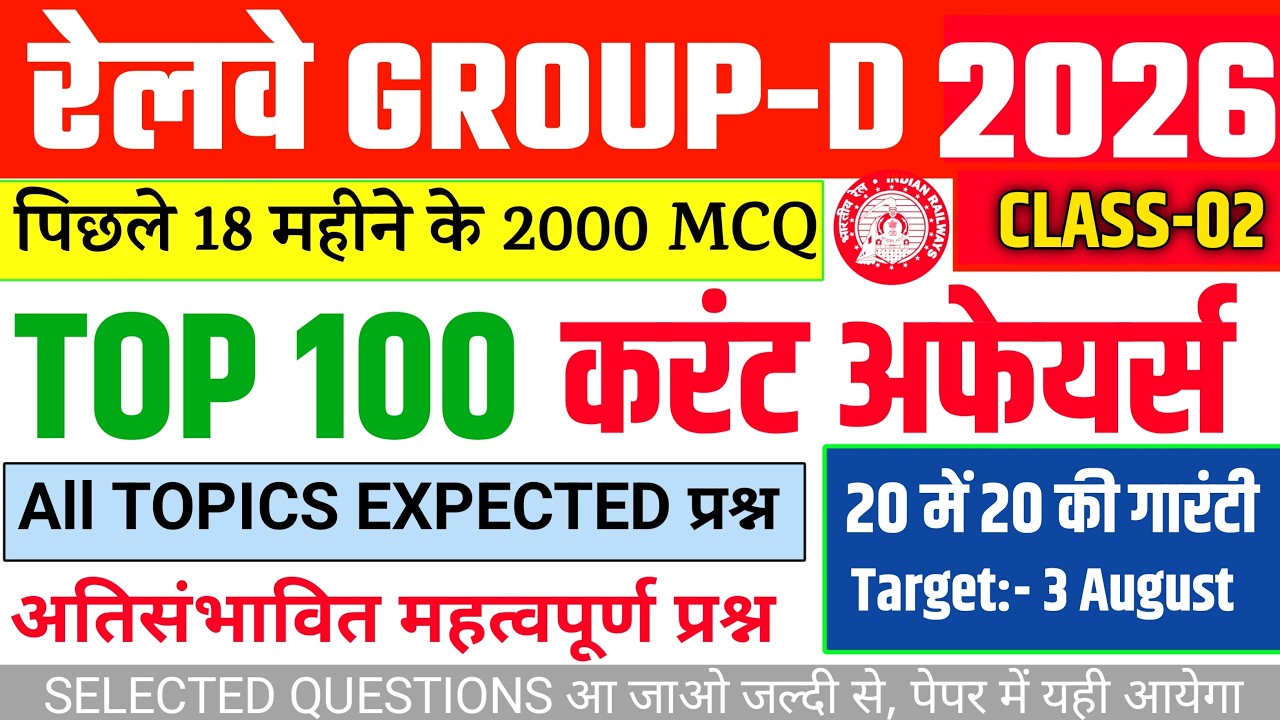 RRB Group D 2026, Top 100 Current Affairs Expected Question for Group D | RRB Group D Current 2026