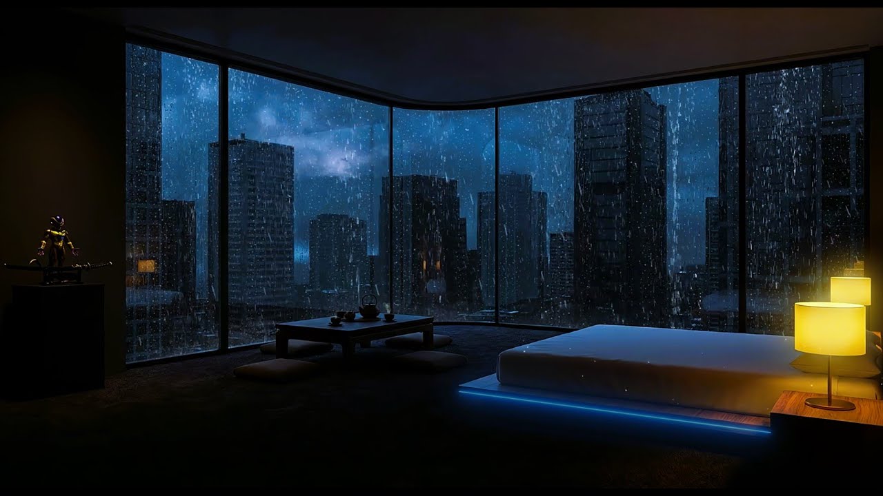 Storm Sounds in Japanese Bedroom with Moody Urban Buildings for Anxiety Reduction