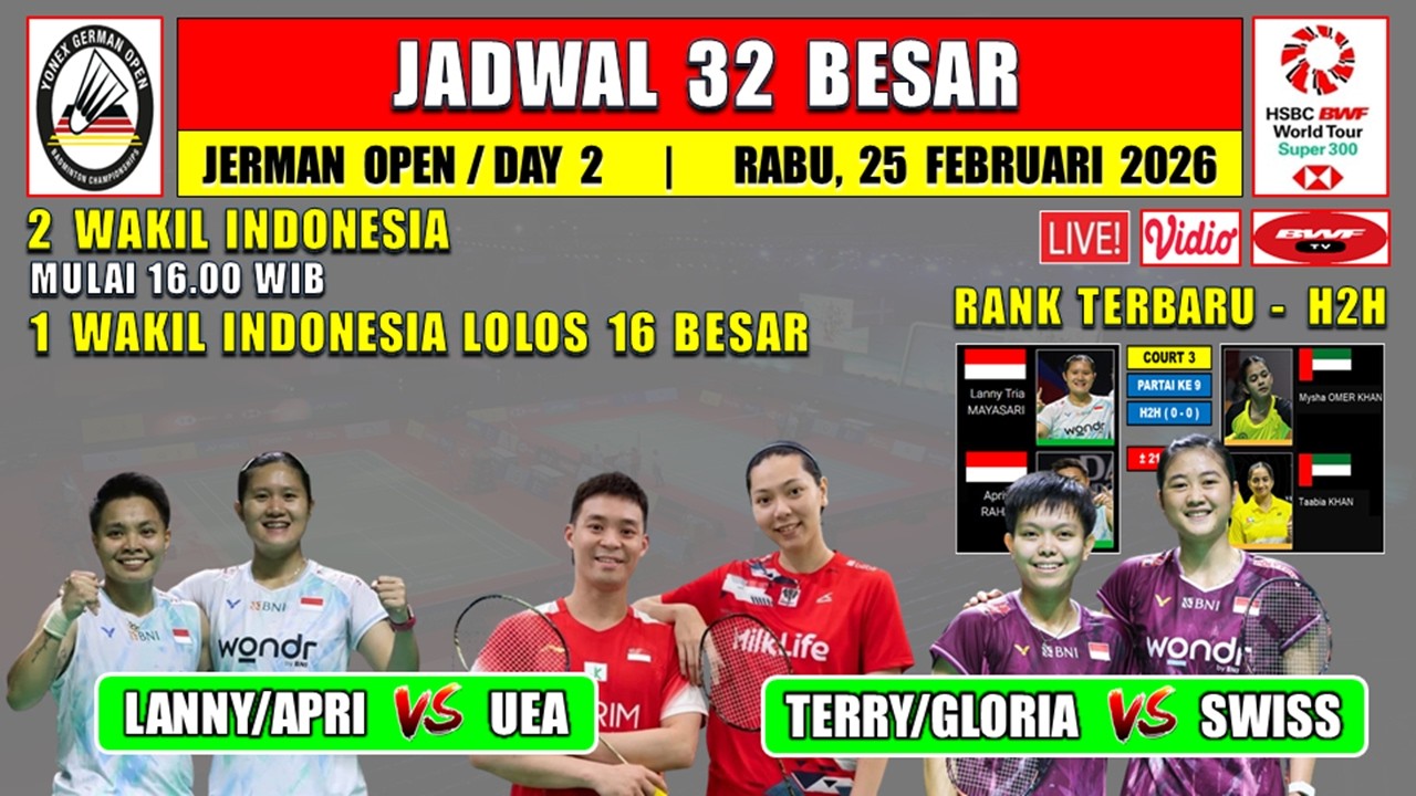 Jadwal 32 Besar Jerman Open 2026 Hari Ini Day 2 ~ APRI/LANNY vs UEA ~ TERRY/GLORIA vs SWISS