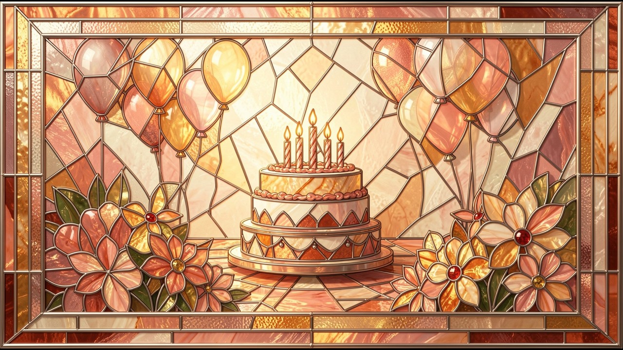 Warm Mosaic Birthday Cake with Flowers and Balloons frame tv art 4k with music | tv screensaver