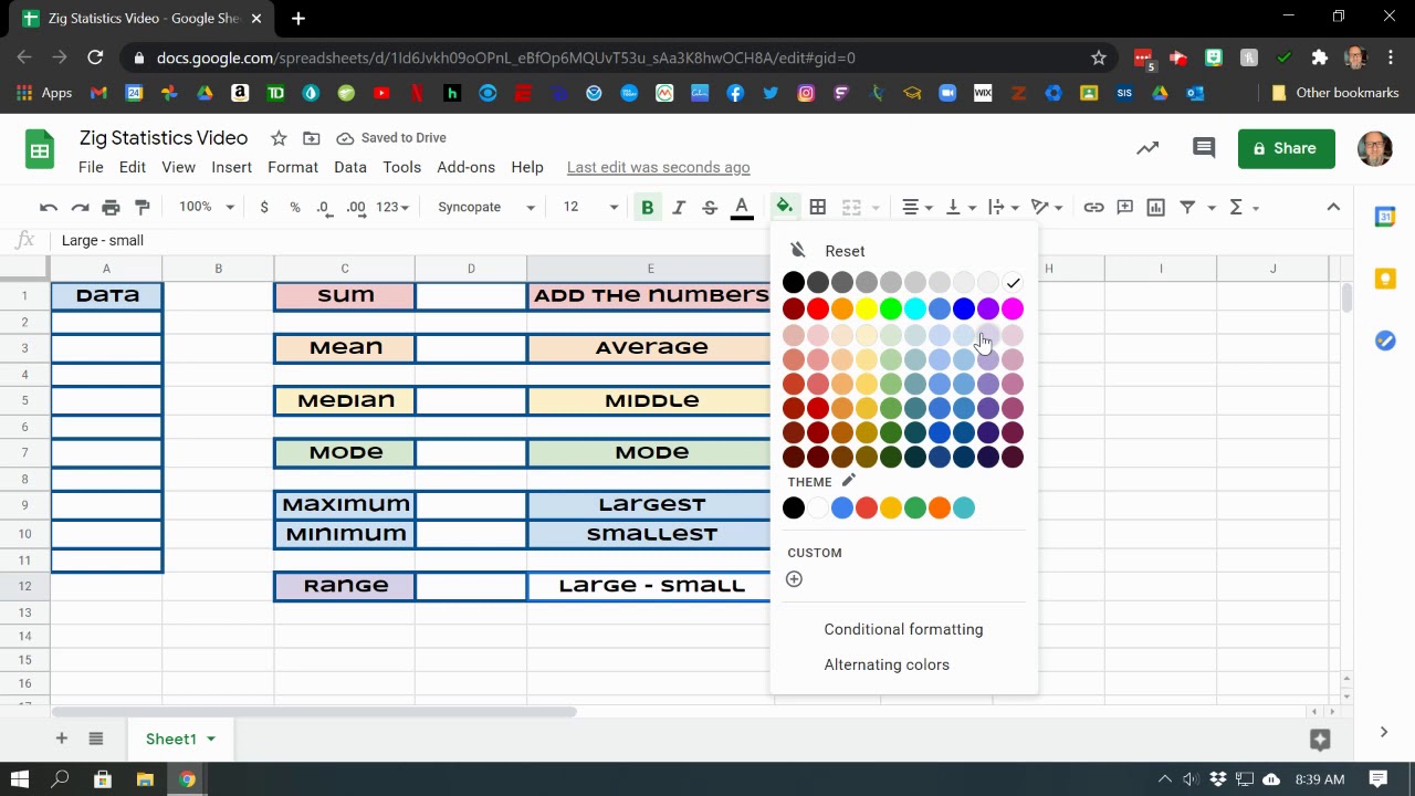 Google Sheets - Mean, Median, Mode, Range