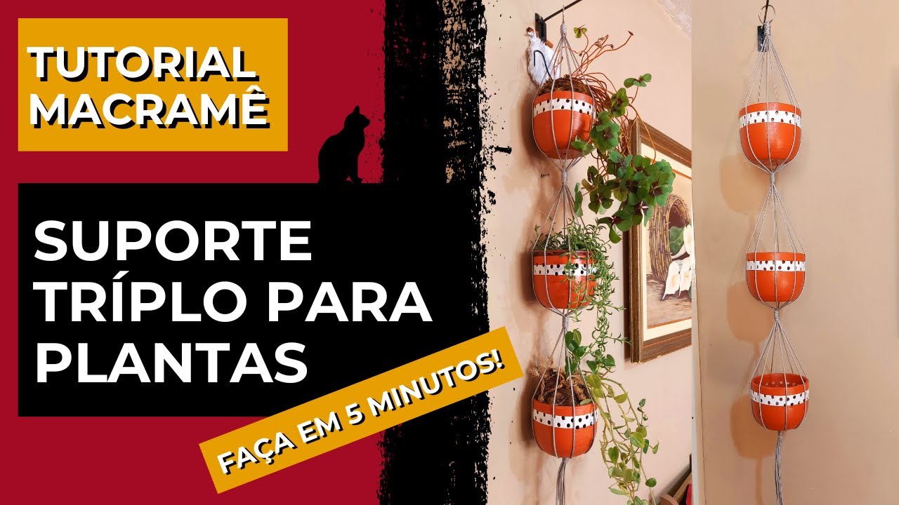 Suporte de plantas em macramé tutorial - Suporte Tríplo - Pronto em 5 minutos - Como fazer macramê