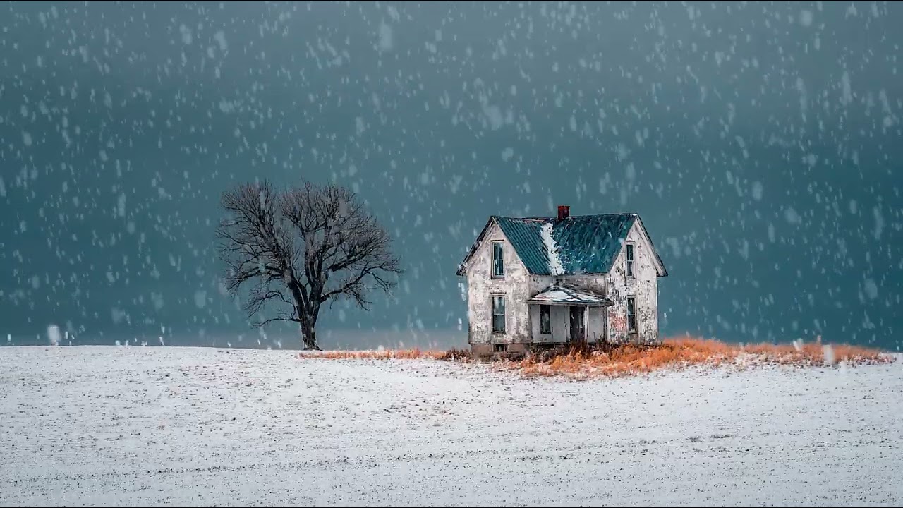 Quiet countryside farmhouse surrounded by deep winter snowfall | Calm ambience for relaxation